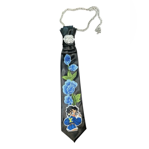 Accessories - Black Necklace Tie with Blue Floral Embroidery